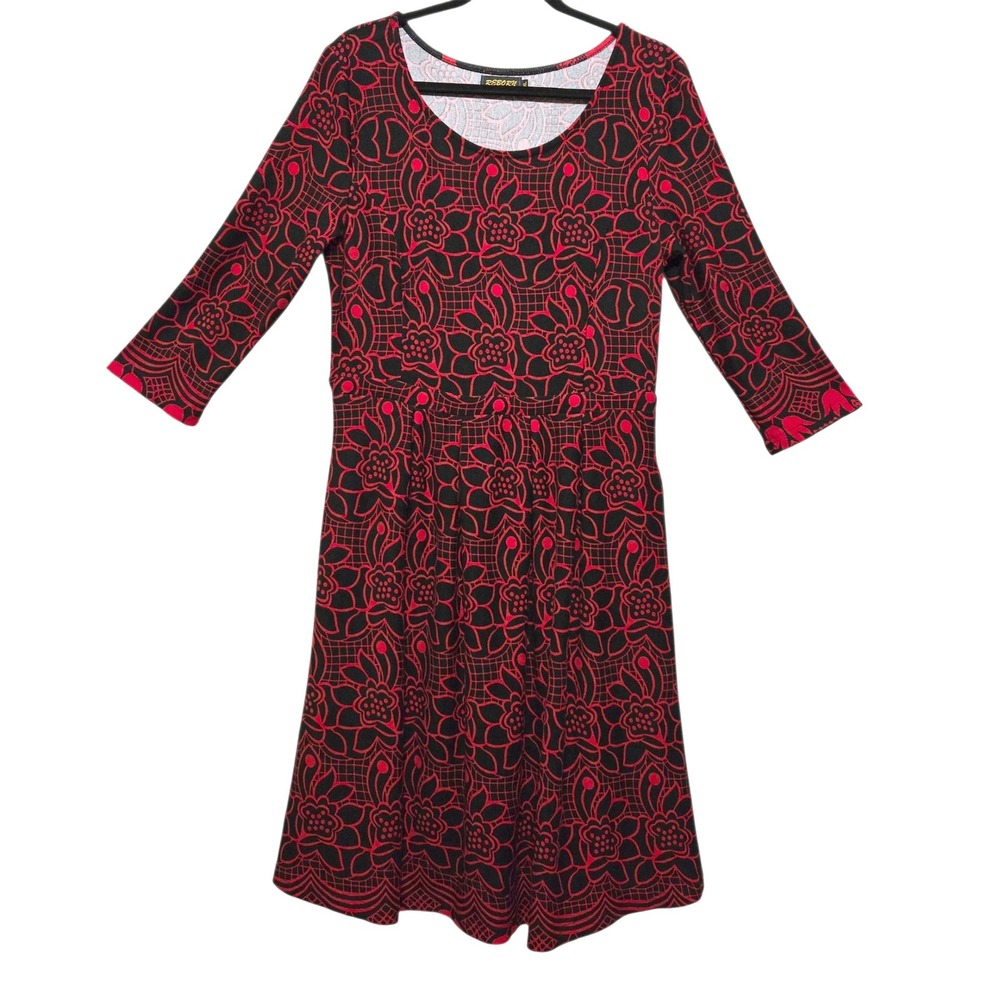 Reborn, Women's Red& Black Funky Floral, Fit &‎ Flare Dress with Pockets, Sz XL